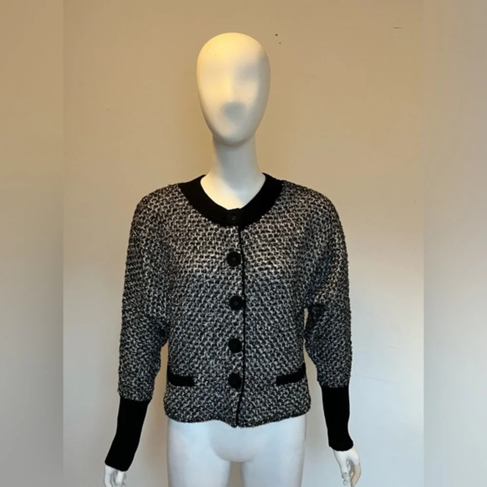 Merino Wool Cotton Sz 6 Small Cardigan Sweater Black & White Chunky Quiet Luxury - Picture 2 of 8
